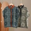 Shirt Women's Summer Retro Print Color Block Collar Loose Fit Short Sleeve Top