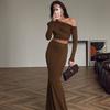 Fashion 2025 New Arrival Fashion Shoulder-Baring Long Sleeve Slim-Fit Top Skirt Suit Sheath Fishtail Dress Two-piece Set