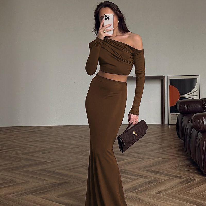 Fashion 2025 New Arrival Fashion Shoulder-Baring Long Sleeve Slim-Fit Top Skirt Suit Sheath Fishtail Dress Two-piece Set