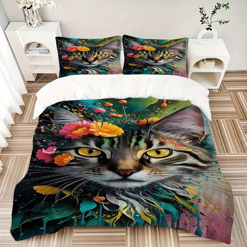 3pcs Floral Cat Artwork Duvet Cover Set -Includes 1 Duvet Cover and 2 Pillowcases, No Quilt Core, All-Season Home Decor Yy251111182