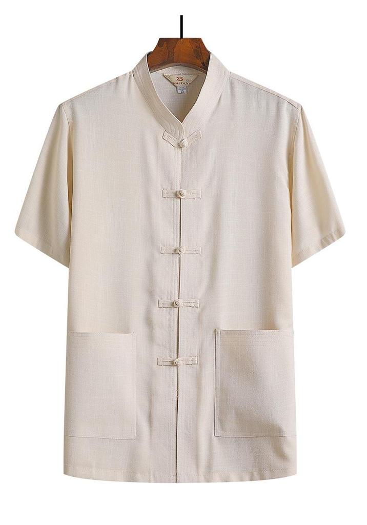 Men’s Summer Cotton Linen Tang Suit Top - Short Sleeve, Frog Button, Loose Fit, Casual Style for Middle-Aged & Elderly