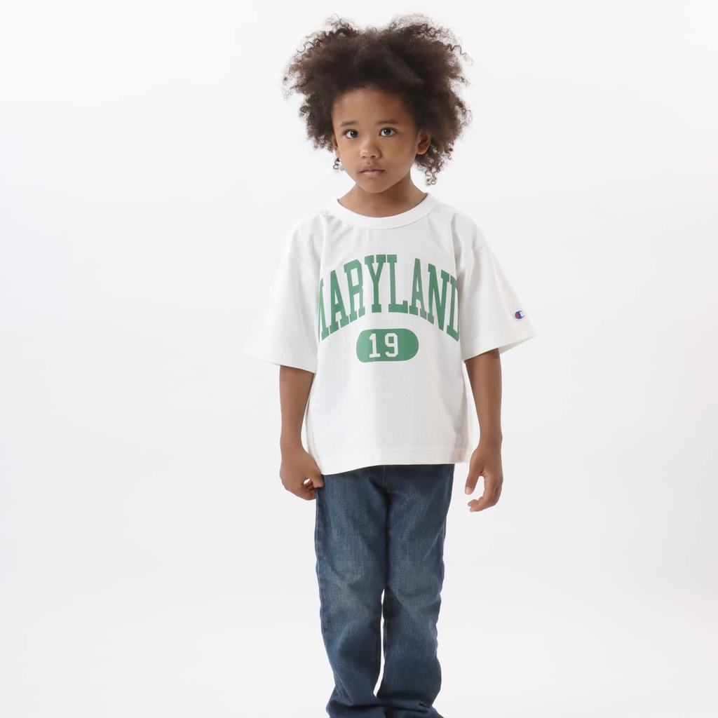 Champion Short Sleeve Graphic Reverse Size 130 Boys' T-Shirt, 100% Cotton, Print, Weave®, Off-White, (CK-V315)