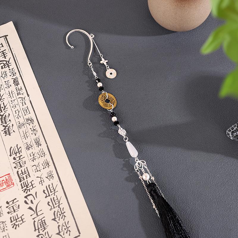 1pair Ancient Style Coin Ear Cuff with Tassel, Mountain Ghost Coin Ear Jewelry, Hanfu Matching Vintage Ornaments for Men and Women