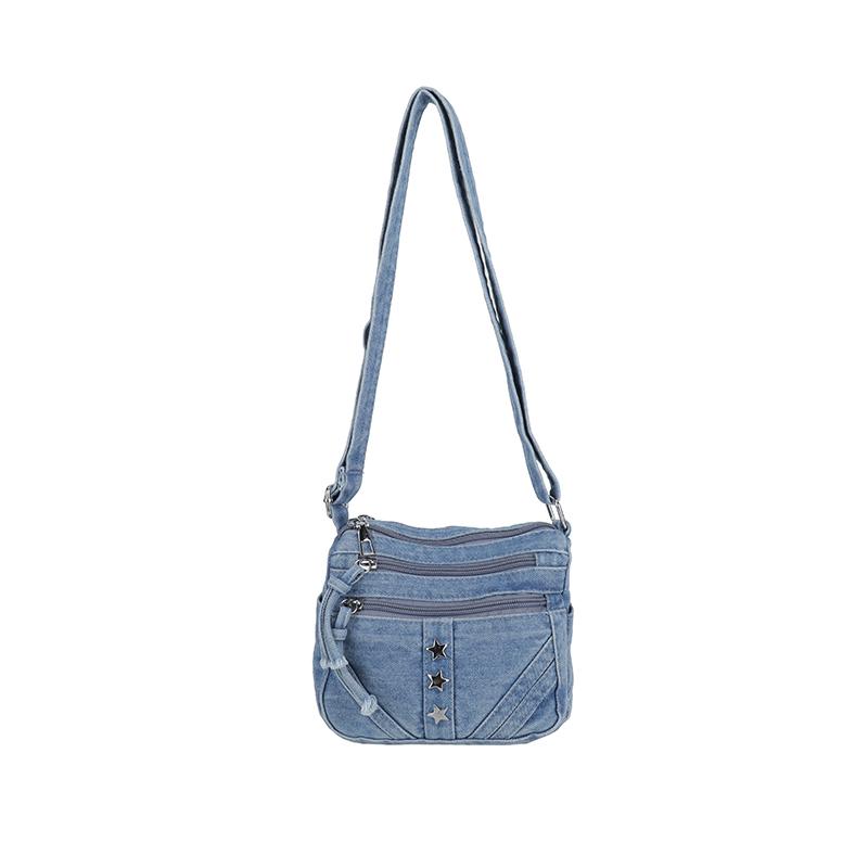 Retro Denim Crossbody Bag Multi Pocket Shoulder Purse with Star Decoration