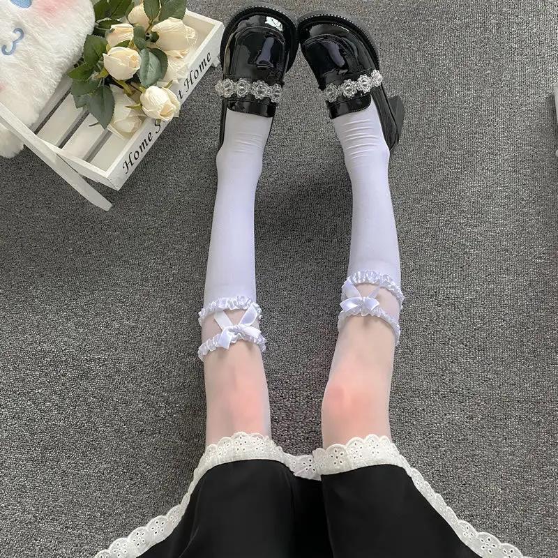 Lolita Summer Thin Girls Stockings Girls Summer JK Black White Calf Socks Japanese Lace Bow Hollow Mid-thigh Tignts Long Socks