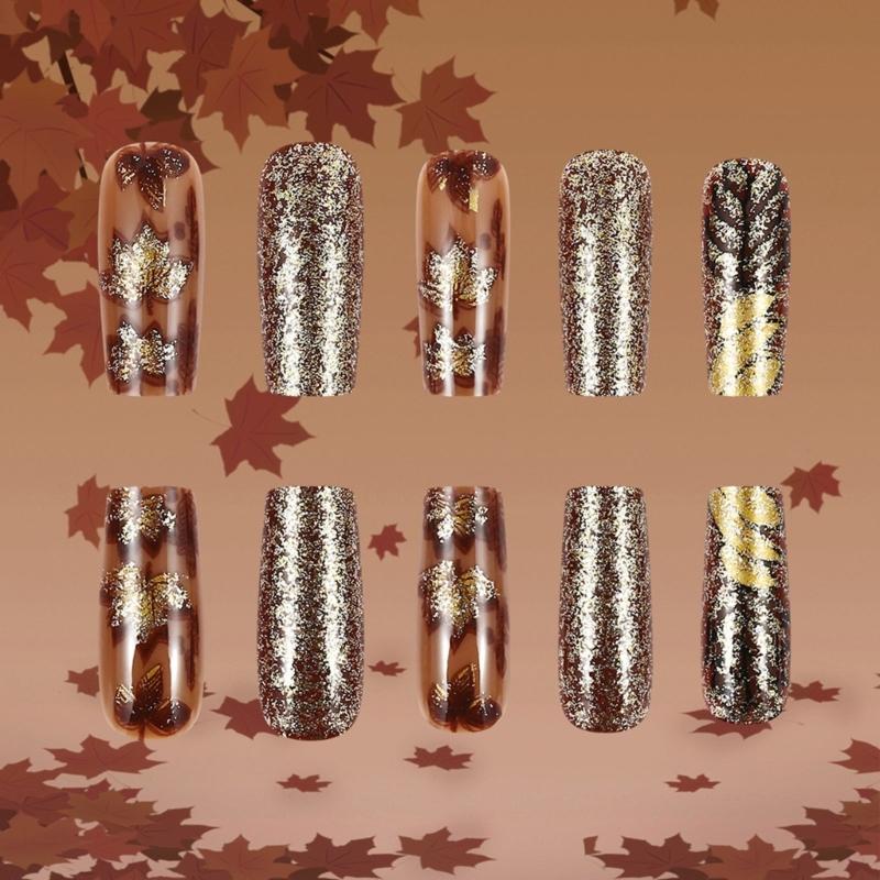 24pcs Medium Square Artificial Nail Press on Nail with Gold Glittering Leaves Stick on Nail For Fall And Winter Styles