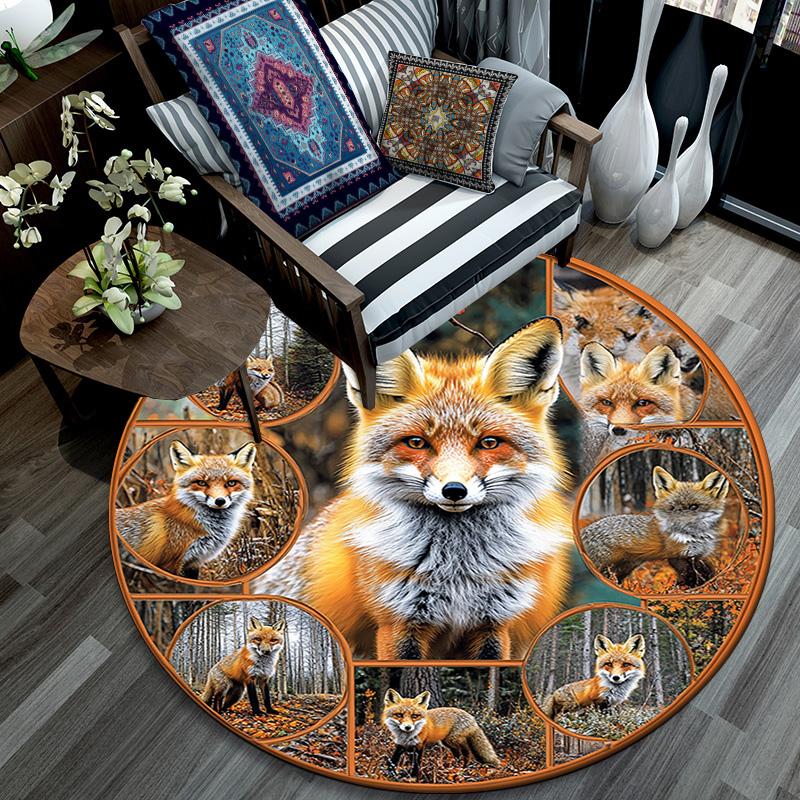 Foxes Round Area Rug,Carpet Rug for Living Room Bedroom Sofa Playroom Decor,Non-slip Floor Mat