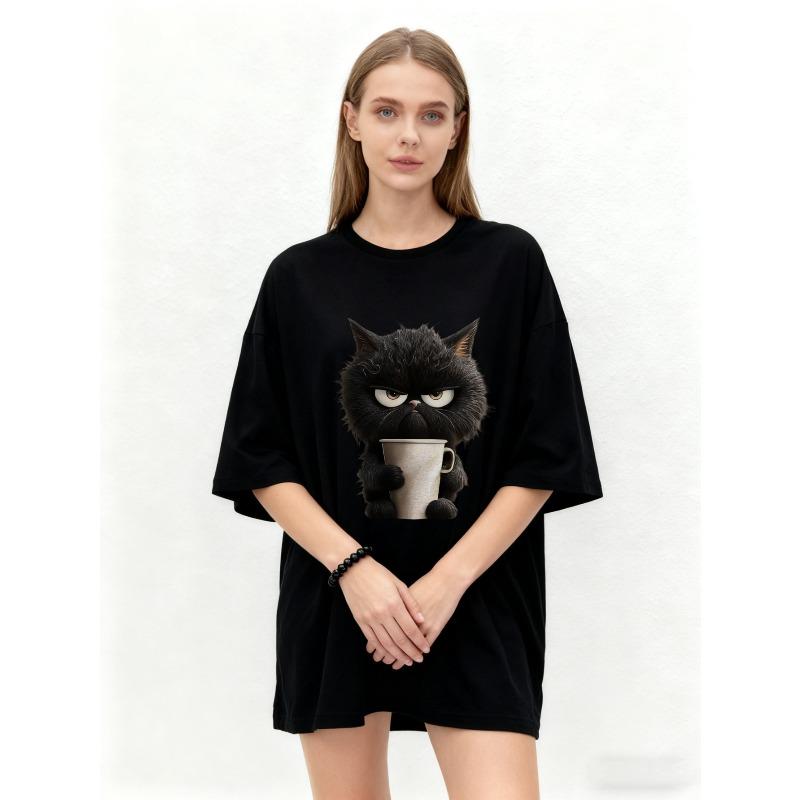 Oversized T Shirt Black Angry Black Cat Holding Coffee Cup Print Casual Everyday Wear