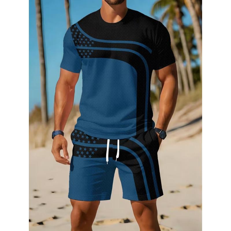 Men's O Neck Short Sleeved Shorts Set Summer Fashion Casual Sports Sets 3D Stripe Printed 2-piece Set