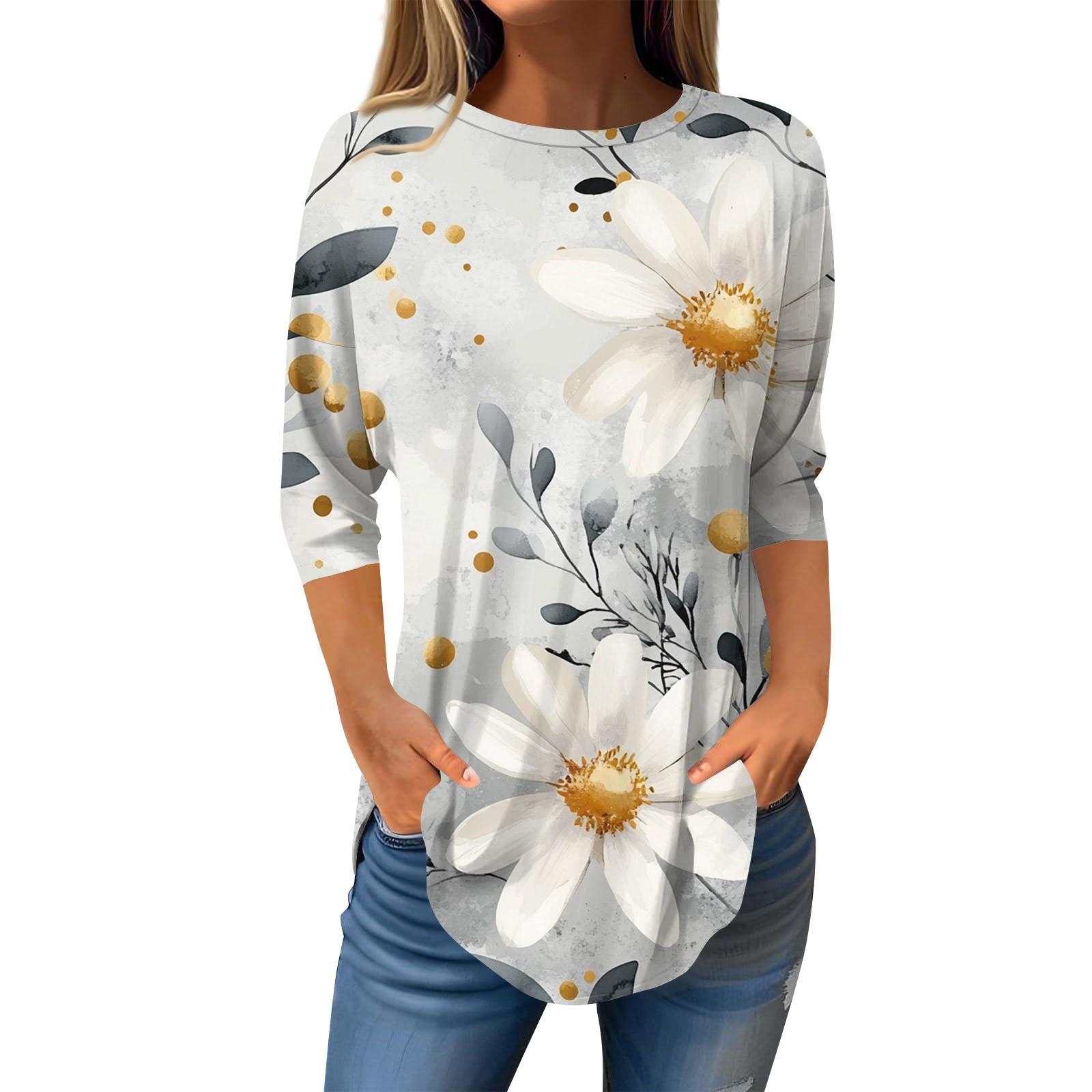 

Рубашки с рукавом 3/4 для женщин, милые топы, футболки с рисунком, блузки, повседневные базовые топы больших размеров, пуловеры XL белый