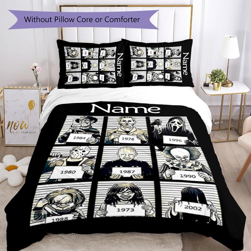 3pcs Custom Name Cartoon Horror movies Bedding Set Duvet Cover Closure Includes 1 Duvet Cover & 2 Pillowcases for All Seasons Bedroom Decor