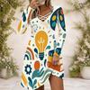 Women Multicolor Printed Criss Cross V Neck Long Sleeve Fitted Curved Hem Dress