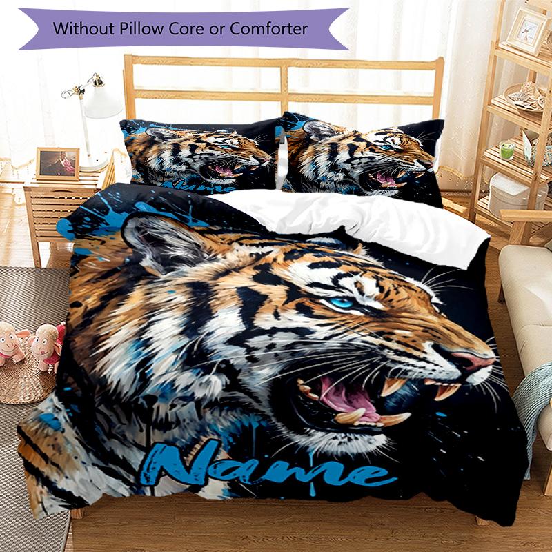 3pcs Custom Name Tiger Bedding Set Duvet Cover Closure Includes 1 Duvet Cover & 2 Pillowcases, Soft and Comfortable for All Seasons.