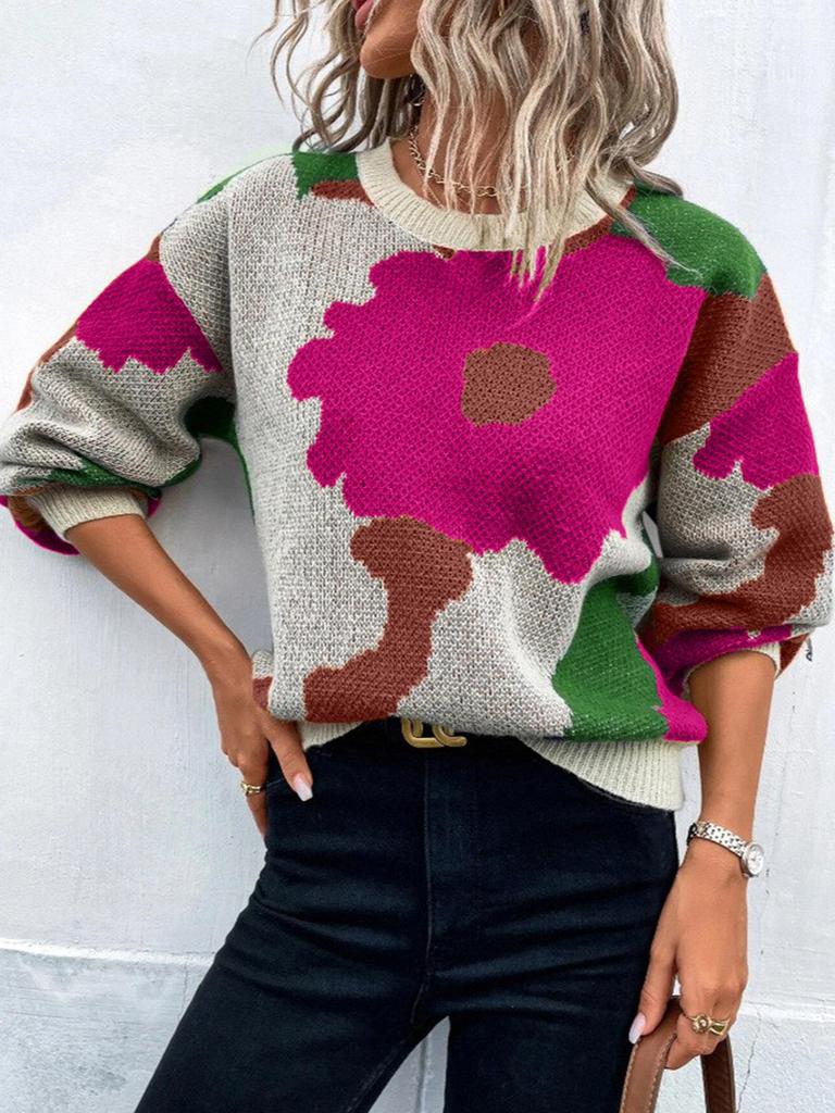 Women's Floral Knit Sweater, Loose Fit Oversized Pullover with Pink Green Blue Flower Pattern, Casual Long Sleeve Tops