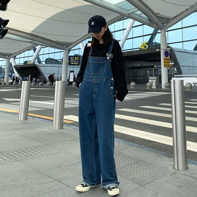Age Reducing Korean Version Loose Cool Salt Series Spring and Autumn Wide Leg Denim Overalls Retro Women's Summer Thin Suspender Jumpsuit Pants
