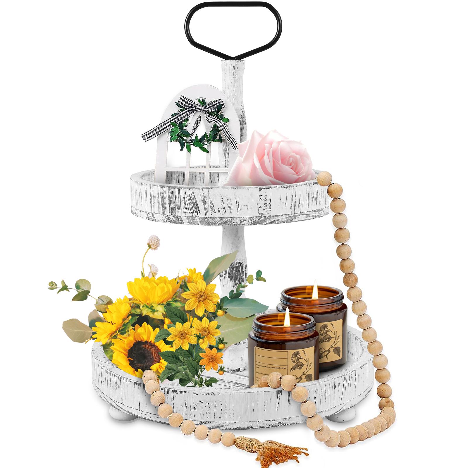 

Fall Tiered Tray 2-Tier Wood Tiered Tray Decor Farmhouse Tiered Tray with Metal Handle Detachable Tiered Serving Tiered Tray белый