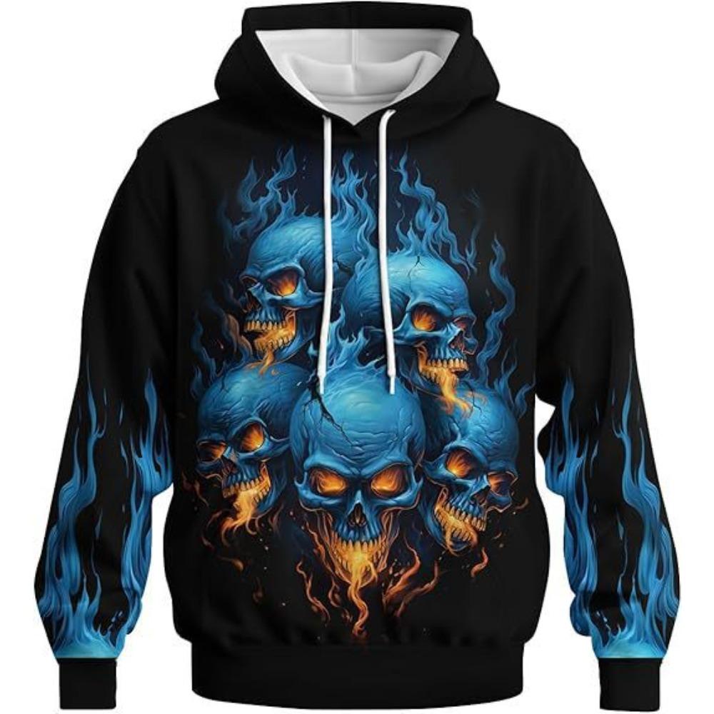 Autumn Winter Creative Skull 3D Digital Printed Men's Loose Fitting Pullover Hoodies Fashionable Long Sleeved Hoodies