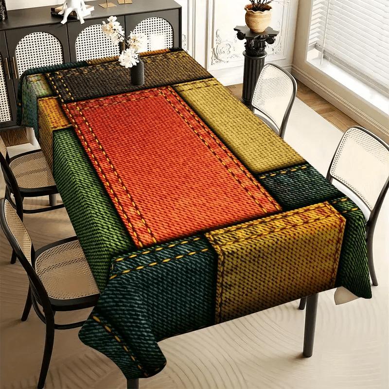 1pc Abstract Patchwork Design Tablecloth, 152.4*218.44 cm, Rectangular, Polyester, Easy to Clean, Suitable for Kitchen And Dining Room, Home Festive P