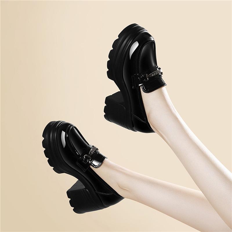 Black loafers retro British style uniform single shoes women's platform cm one pedal glossy versatile leather shoes women's shoes