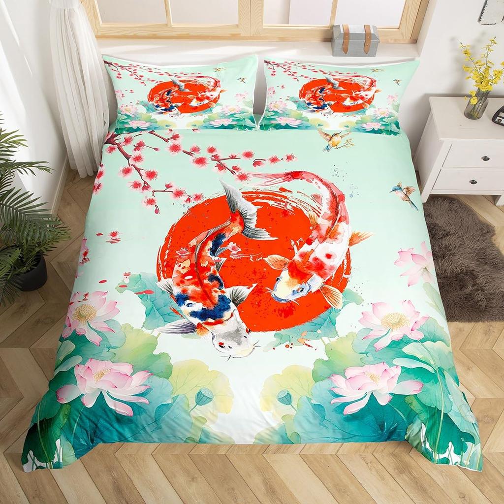 Koi Duvet Cover King Cherry Blossom Japanese Ukiyo-e Bedding Set Sakura Marine Animals Comforter Cover,Pink Romantic Quilt Cover