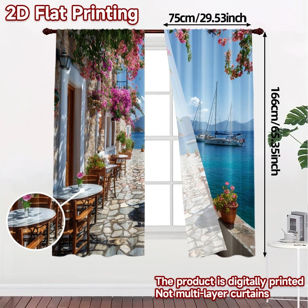 Set Of 2 Modern Flat Printing Curtains Without Rod Seaside Serenity Window Treatment Versatile Durable Polyester Curtain Made