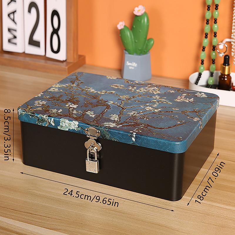 Vintage Large Capacity Tinplate Box With Lock Key Desktop Storage Case Metal Box Jewelry Storage Empty Box