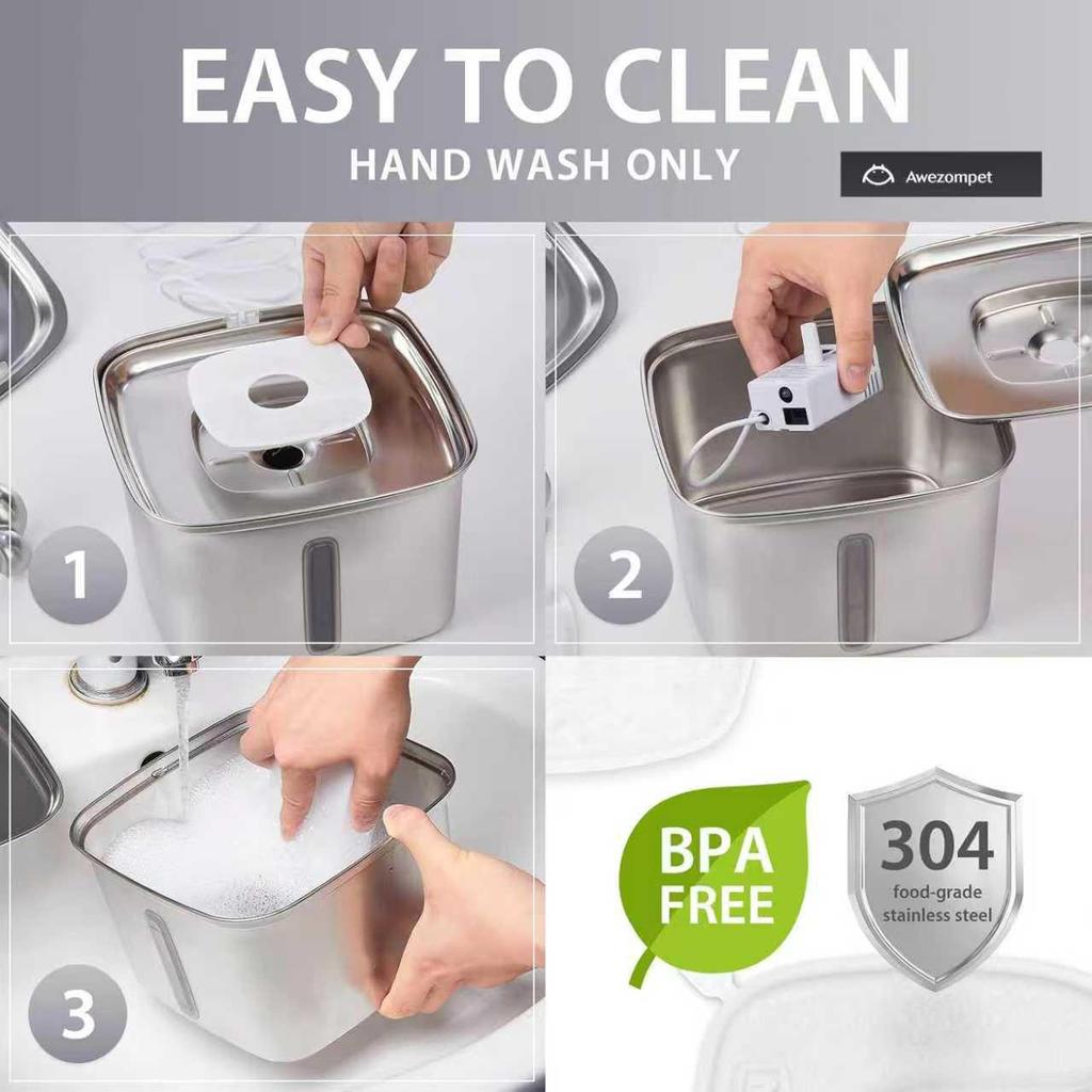 Fuente de Agua para Mascotas de Acero Inoxidable de 2.2L con Boquilla de Flor, Apta para Lavavajillas y Funcionamiento Silencioso.
