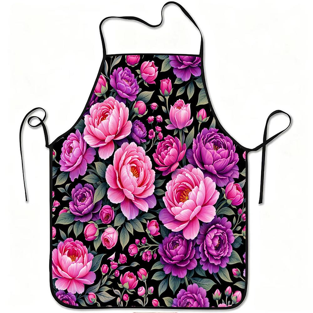 1pc Pink and Purple Peony Floral Print Apron, Durable and Easy To Clean, Adjustable Waistband, Polyester Material, for Kitchen Cooking, Gardening, Orc
