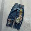 Calças Jeans Unissex de Corte Solto Com Bordado de Flor de Ameixa Streetwear Jeans de Perna Larga Homens Mulheres