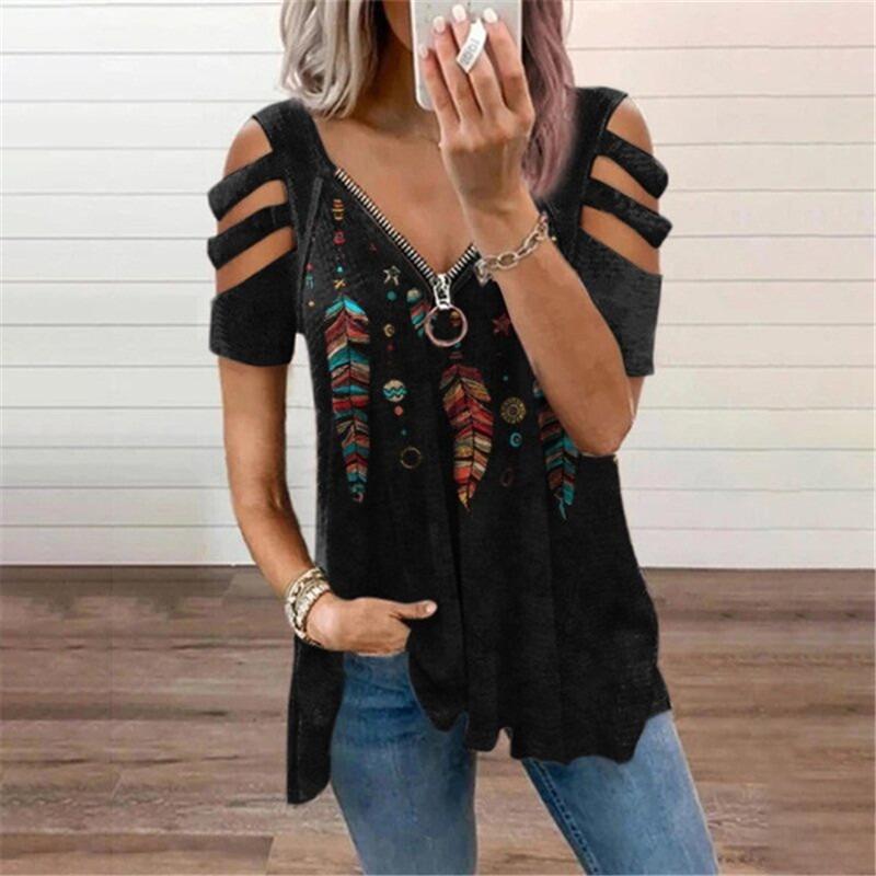 Fashion V-neck Zipper Printing Short Sleeved Loose Women T-shirt Elegant Off Shoulder Hollow Out Plus Size Blouse Female Vintage Slim Streetwear Top