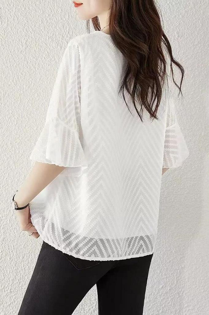 Blouse Summer Top Short Sleeve Flare Feminine Shirt Pullover Loose Fit Neat Stylish [H. Zroy] Women's V-neck