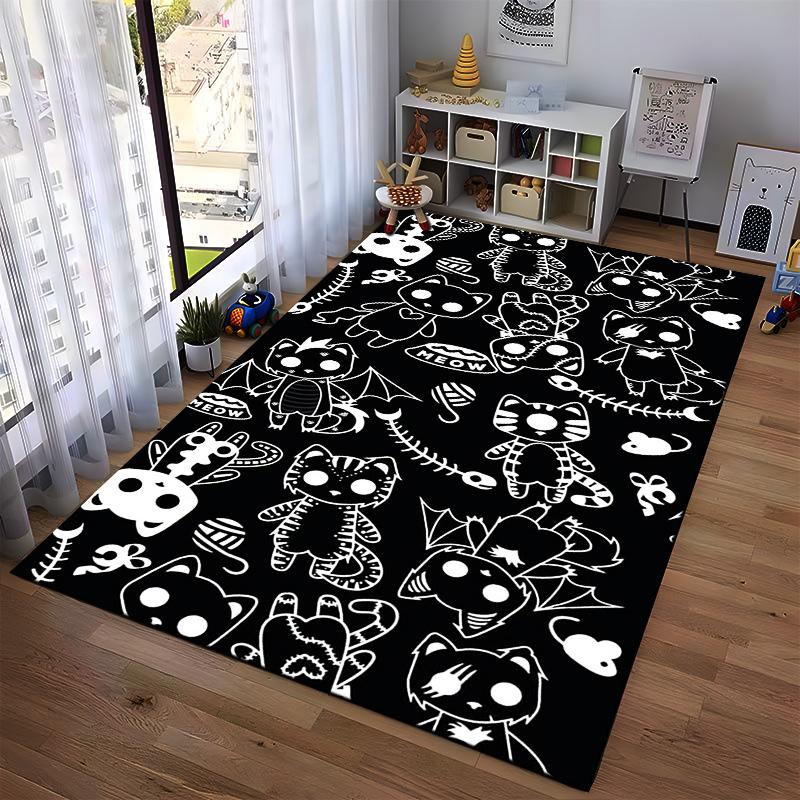 Black Cartoon Cat Pattern Carpet with Skeletons Wings Fish Bones and Meow Symbol Suitable for use as an anti-slip for room and bedroom sofas