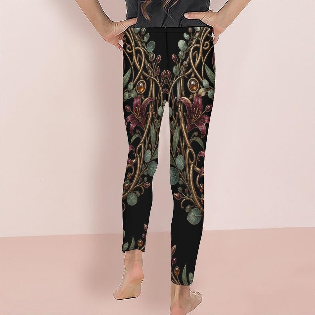 Girls Full Length Fitted Floral Printed Yoga Leggings Stretch Waist