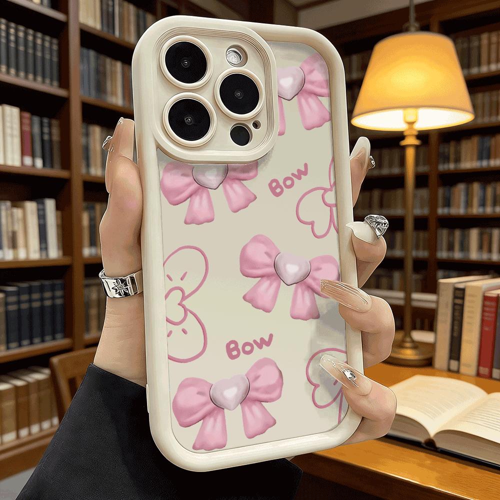 Pink Bows with Heart Decor Soft TPU Phone Case for iPhone 17 16 15 14 13 12 11 Pro Max Plus Shockproof Anti-Slip Cover