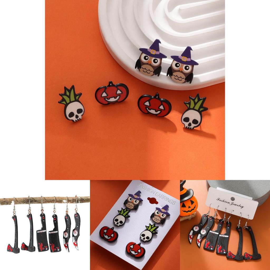 Unique Halloween Acrylic Earrings With Cartoon Skulls And Pumpkins