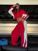 2026 contrasting color splicing short sports suit women's zipper short jacket elastic waist wide-leg trousers two-piece set