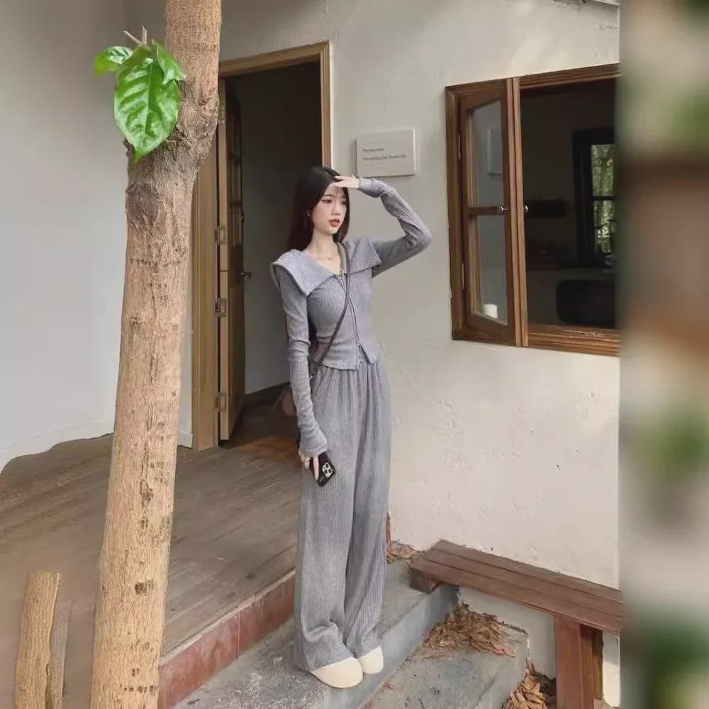 2024 Hong Kong Style Chic Women's Two-Piece Suit: Slim Lapel Top & Wide-Leg Pants