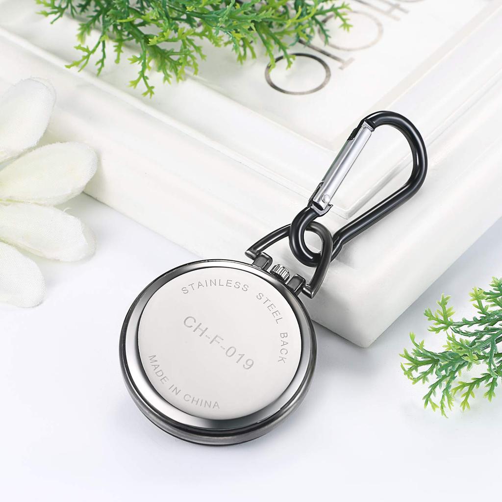 JEWELRYWE Nurse Watch Carabiner Luminous Dial Keychain Simple Bag Pocket Watch Silver