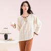 Fenteng 100% Cotton Spring Drawstring Round Neck Romantic Floral Long-Sleeved Home Suit Set for Women
