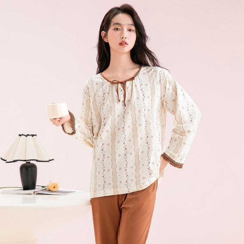 Fenteng 100% Cotton Spring Drawstring Round Neck Romantic Floral Long-Sleeved Home Suit Set for Women