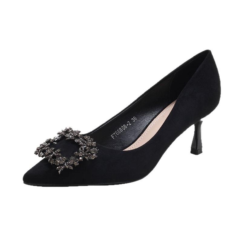 High heels women's 2025 new spring and autumn rhinestones French shallow soft leather pointed thin heels single shoes black with dress