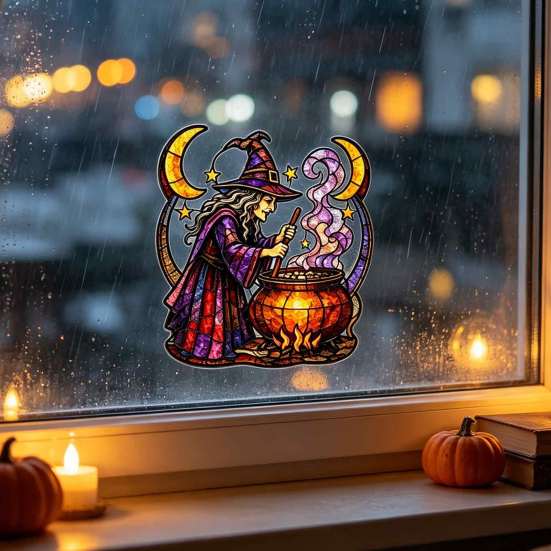 Durable Halloween Vinyl Clings Witch And Medicine Cauldron Window Sticker, Stained Glass Effect PVC Decal Indoor Shop Decor for Doors