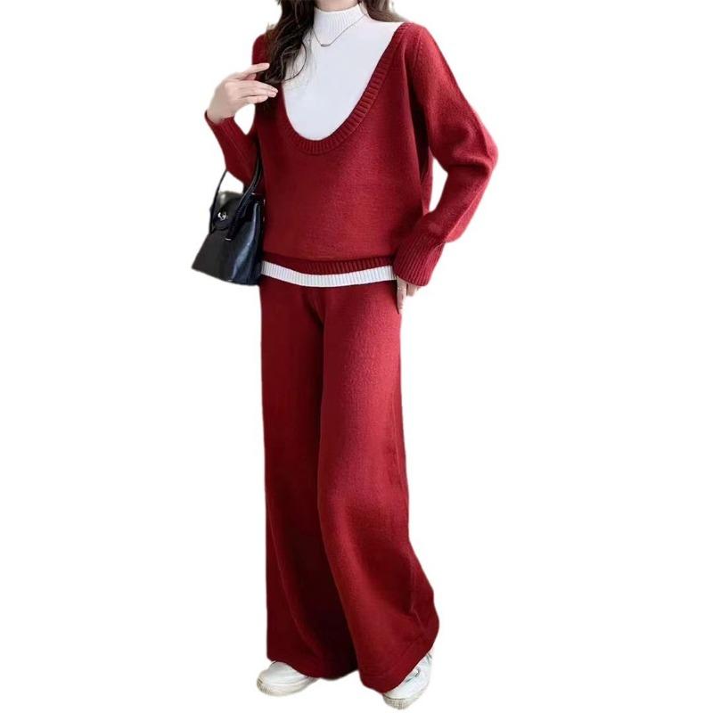Fake Two-piece Set for Women's Autumn and Winter New Loose Large-size Casual Style Wide-leg Pants Knitted Sweater Set