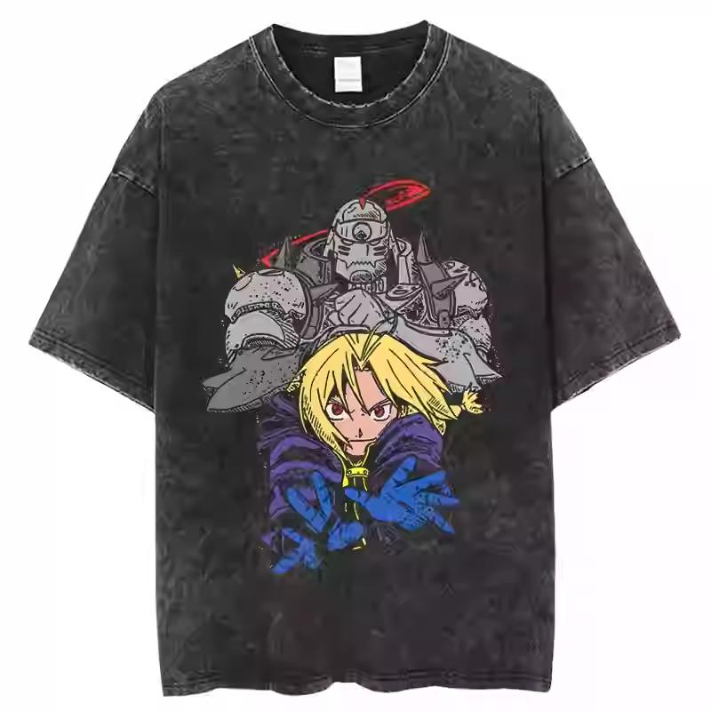 Anime Fullmetal Alchemist Brotherhood Cornice Gotica Fratelli Stampa Grafica T-Shirt Uomo Donna retro Lavato Girocollo Cotone Oversize streetwear moda Top