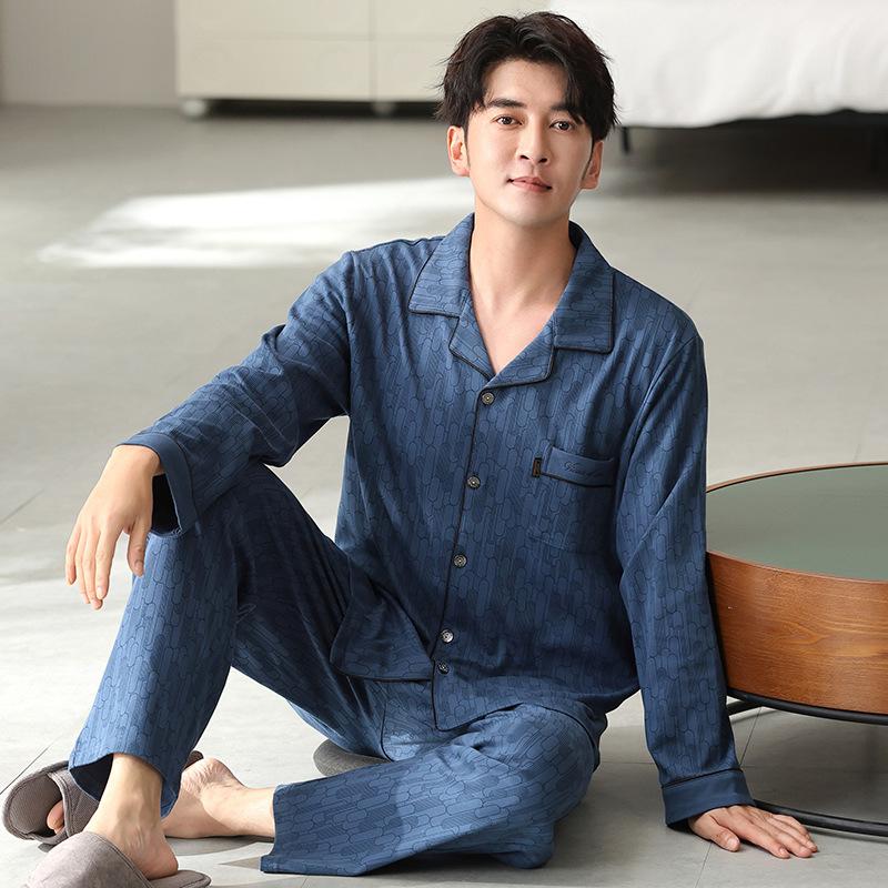 Pajamas Men'S Spring And Autumn Autumn Cotton Long Sleeve Loungewear Men'S Burgundy Dad Cotton Suit