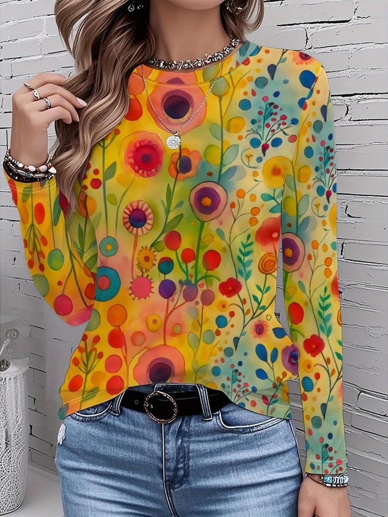 Women's T-Shirt Floral Graphic Plants Retro Long Sleeve O-Neck Pullover Regular Tops Daily 3D Print Autumn Tees Female Clothing