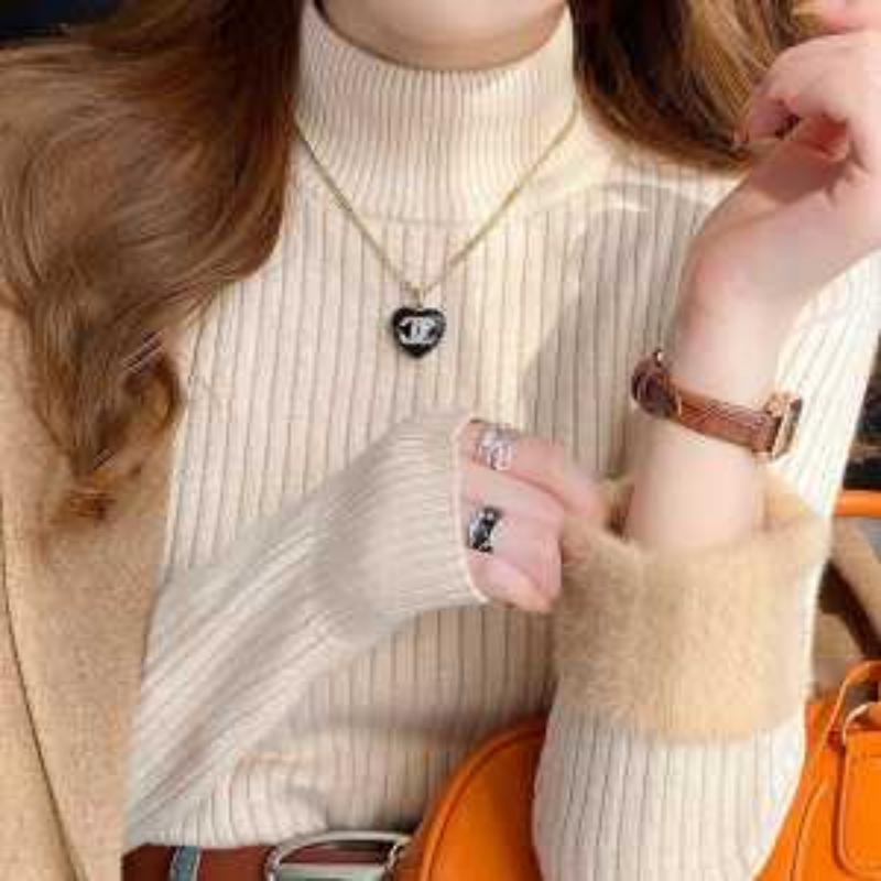 Women's Half-high Neck Plus Fluff Sweater Winter Thickened Inner Knitted Base Shirt Solid Versatile Warm Top