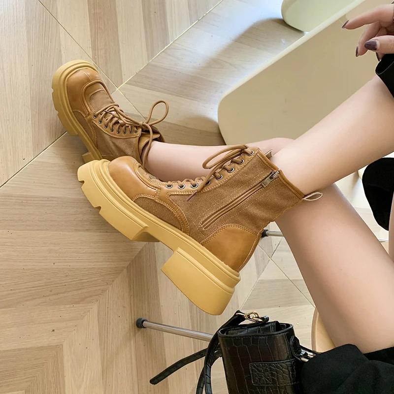 Fashion 2024 New Internet Famous Lace Up Fashion Boots for Women Round Toe Side Zipper Thick Soled Casual Knight Boots Plus Size 40