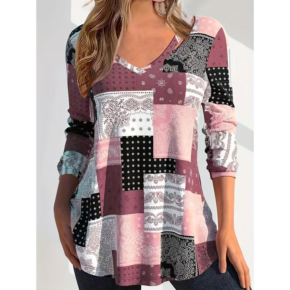 Splicing Printed T-shirt for Women's Casual V-neck Long Sleeved Top Suitable for Spring and Autumn Wear
