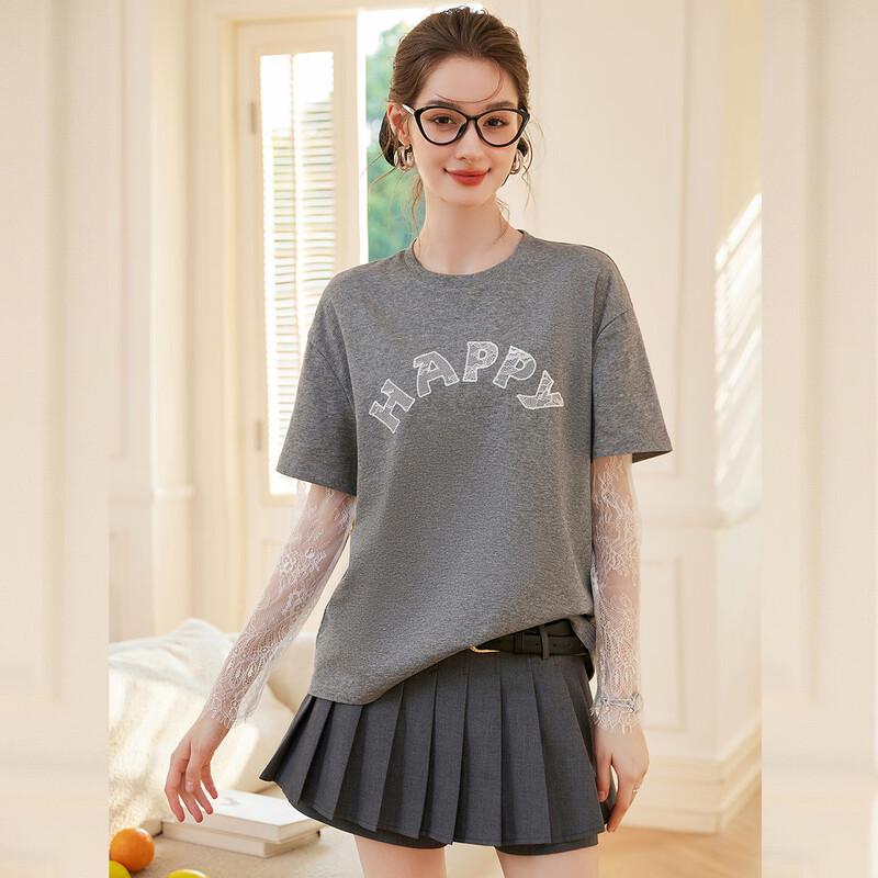 Bailuyu Letter Embroidery Faux Two-Piece Lace T-Shirt L